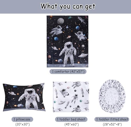 lasoftan Toddler Bedding Set, 4 Piece Bed-in-a-Bag Toddler Bed Comforter Sets for Girls, Toddler Bed Set, Astronaut Printed, Machine Washable
