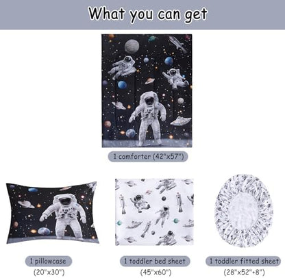 lasoftan Toddler Bedding Set, 4 Piece Bed-in-a-Bag Toddler Bed Comforter Sets for Girls, Toddler Bed Set, Astronaut Printed, Machine Washable