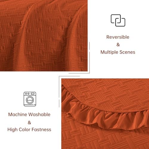 DJY King Quilt Set 3 Pieces, Lightweight Ruffled Bedspread, Orange
