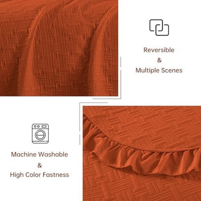 DJY King Quilt Set 3 Pieces, Lightweight Ruffled Bedspread, Orange