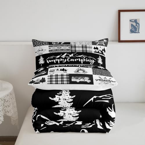 Castle Fairy Camper Patchwork Comforter Set King Size,RV Happy Camping Hunting Adventure Bedding Set All Season Quilt Set,Travel Trailers Decor Boho Aztec Exotic Microfiber Polyester Down Comforter