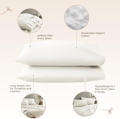 100% Organic Cotton Pillow Cases Standard Size Set of 2-100% Cotton Pillowcases GOTS Certified 300 Thread Count - Naturally Cooling Comfortable Breathable & Soft Pillow Cases (Natural, Standard)