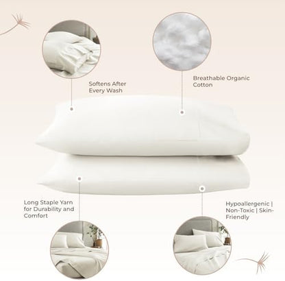 100% Organic Cotton Pillow Cases Standard Size Set of 2-100% Cotton Pillowcases GOTS Certified 300 Thread Count - Naturally Cooling Comfortable Breathable & Soft Pillow Cases (Natural, Standard)