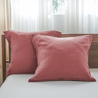 Simple&Opulence 100% French Linen Euro Shams with Embroidery (26'' x 26'') - Pack of 2 - Pre Washed Solid Color Natural Flax Soft Breathable - Coral Red