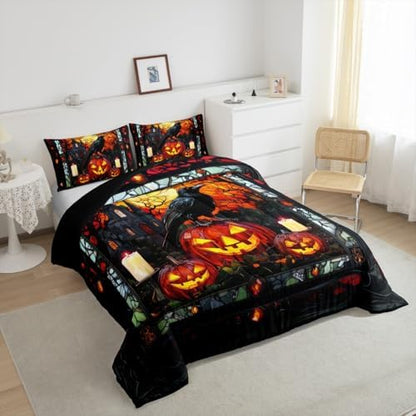 Crow Kids Comforter Set King Size,Halloween Pumpkin Lantern Lamp Gothic Bedding Set,Girls Boys Room Decor,Castle Branch Geometric Patchwork Quilt Comforter,Black Retro Duvet Insert,2 Pillowcases