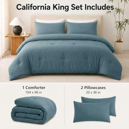 CozyLux California King Comforter Set 3 Pieces Mineral Blue Quilted Bedding