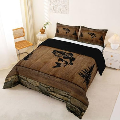 Manfei Pike Fish Comforter Set Twin Size,Rustic Farmhouse Brown Wooden Bedding Set 2pcs,Fishing and Hunting Down Comforter for All Season,Kids Boys Girls Room Decor,1 Pillowcase,No Sheets