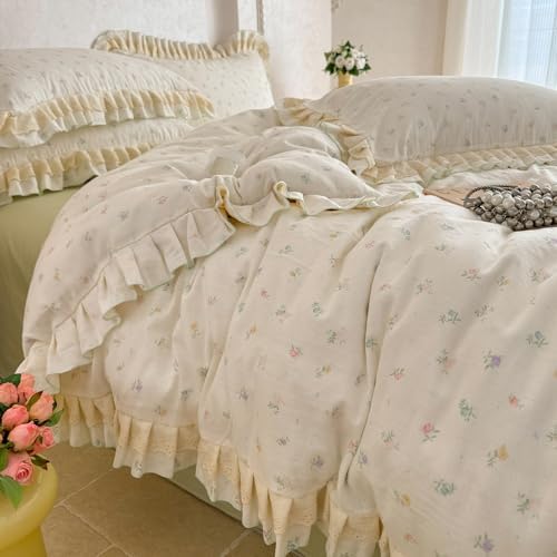 VM VOUGEMARKET Flower Duvet Cover Set Queen Romantic Ruffles Lace Bedding Set Soft Muslin Cotton,Breathable Linen Like Gauze Comforter Cover with Zipper Closure 90"x90"
