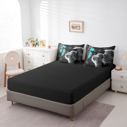 Feelyou Cute Cat Comforter Set 7 Pieces Twin Size Butterfly Bedding Set for Boys Girls Kawaii Pet Kitten Bed in a Bag with Comforter, Sheets, Pillowcases & Cushion Covers