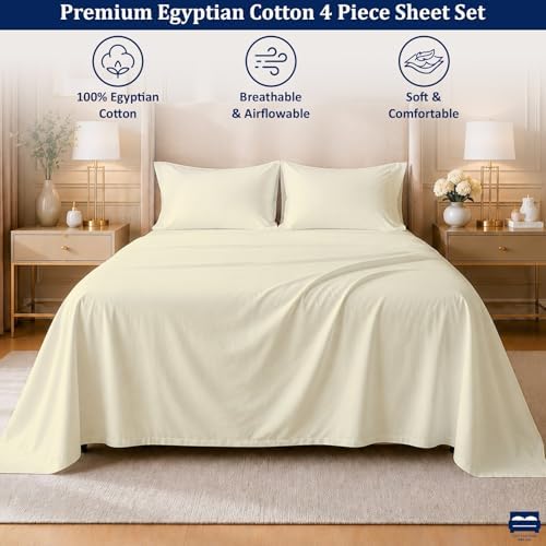 Cottingon 4 PC Olympic Queen Sheets, 15" Deep, Egyptian Cotton, Beige