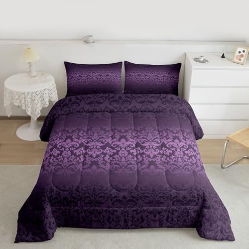 jejeloiu Gothic Damask Kids Comforter Set Toddler Size Vintage Jacquard Bedding Set Purple Exotic Floral Duvet Quilt for Kids Boys Girls Bedroom Antique Classic Decor Microfiber Ultra Soft Breathable