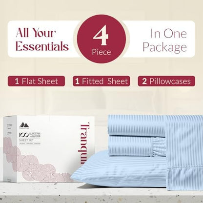 Mayfair Linen Egyptian Cotton Queen Sheets Set - Luxury 800 Series High Thread Count Queen Bed Sheet Set (4 PC, Light Blue - Stripe), Soft Cooling Hotel Quality Bed Sheet Set - Tranquil Collection