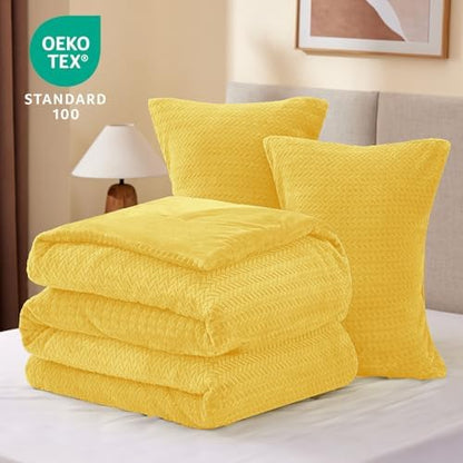 ChiXpace Fleece King Size Comforter Set Yellow, Fluffy Bed Set 3 Pieces