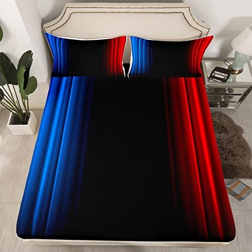 Feelyou Geometric Abstract Ombre Women Bed Sheets Kids Teens Blue Red and Black Striped Sheet Set Decor Modern Fashion Bed Set Bedroom Collection 3Pcs Twin Size