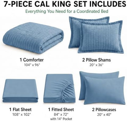 HIMEET California King Comforter Set, 7-Piece Seersucker, Grayish Blue
