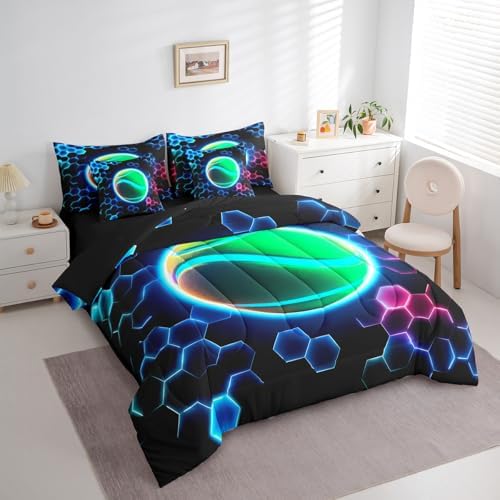Erosebridal Tennis Full Bedding Set - 3D Glitter Ball Pattern Bed in A Bag,Colorful Neon Honeycomb Comforter Sets with Sheets, Geometric Hexagon 7 Pieces Bed Set Bedroom Decor