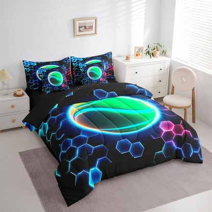 Erosebridal Tennis Queen Bedding Set - 3D Glitter Ball Pattern Bed in A Bag,Colorful Neon Honeycomb Comforter Sets with Sheets, Geometric Hexagon 7 Pieces Bed Set Bedroom Decor