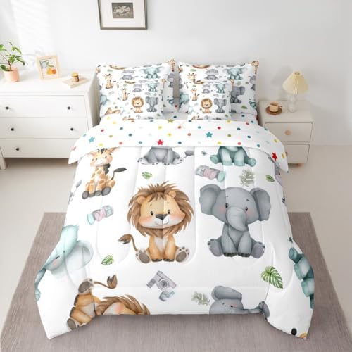 Erosebridal Cartoon Animals 7 Piece Comforter Set King for Nursery Child Bedroom | Cute Lion Elephant Hippo Bedding Set Tropical Bed Set Palm Tree Leaves Bed Sheets Kawaii Zoo Wildlife Quilt