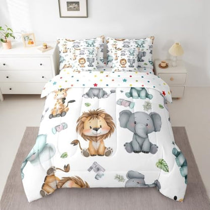 Erosebridal Cartoon Animals 7 Piece Comforter Set King for Nursery Child Bedroom | Cute Lion Elephant Hippo Bedding Set Tropical Bed Set Palm Tree Leaves Bed Sheets Kawaii Zoo Wildlife Quilt