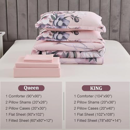 Luxudecor Floral Comforter Set Queen Size 7 Piece, Blush Pink Flower Bed in a Bag, Elegant Comforter Bedding Set for All Season (Blush Pink, 90"x90")