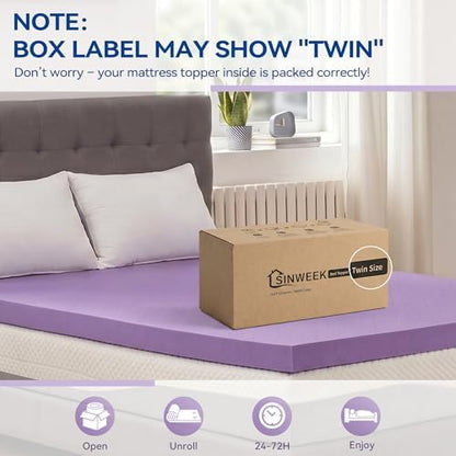 SINWEEK Gel Memory Foam Mattress Topper Twin XL, 1.5 in Twin Extra Long Mattress Pad for College Dorm Single Bed, Ventilated Soft Bed Topper, CertiPUR-US Certified, Twin XL Size