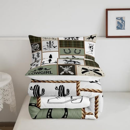 Western Cowgirl Comforter Set Queen Size,Cactus Horseshoe Cow Skull Rustic Farmhouse Bedding Set,Girls Women Room Decor,Bow Arrow Patchwork Down Comforter,Camo Country Duvet Insert,2 Pillowcases
