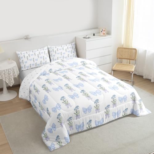 Castle Fairy Blue Bowknot Comforter Set King Size,Retro Farmhouse Dreamy Girly Style Down Alternative Adults Bedroom Decor,Cute Blue Flower Ultra Soft Microfiber Inner Fill 3 Pcs Bedding