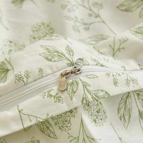 mixinni Girls Boho Green Floral Duvet Cover Set Twin Size Cotton Soft Aesthetic Cute Flowers Leaves Pattern Bedding Comforter Cover, 1 Queen Duvet Cover with 2 Pillowcases for All Seasons