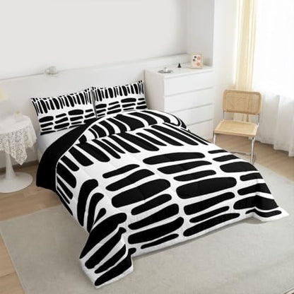 jejeloiu Modern Geometric Bedding Set Soft for Boys Girls, Black White Abstract Comforter Set Full Size Boho Duvet Quilt Microfiber Luxury Bedroom Decor 3 Pcs with 2 Pillow Cases