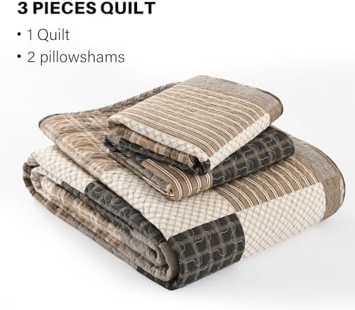 Quilta 100% Cotton Quilt Set, Farmhouse Brown Plaid Bedspread King Size