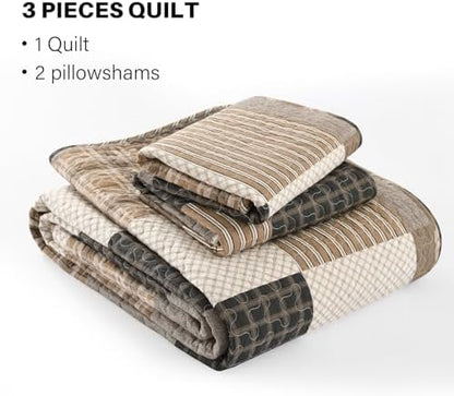 Quilta 100% Cotton Quilt Set, Farmhouse Brown Plaid Bedspread King Size