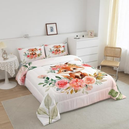 Manfei Cute Fox Comforter Set Full Size, Watercolor Pink Flower Quilt Set with 2 Pillowcases, Floral Animal Theme Bedding Set 3pcs for Kids Boys Girls Room Decor Lightweight Duvet Insert