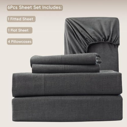 MooMee Sheet Set 100% Washed Cotton Linen-Like Extra Deep Pocket King