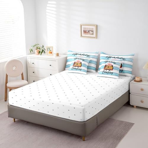 Erosebridal Happy Camping Comforter Set King Size,Cartoon RV Bedding Set for Kids Teens,Blue Wooden Plank (Comforter+Fitted+Flat Sheet+2 Pillowcases+2 Throw Pillow Covers) 7 Pieces Bed Set