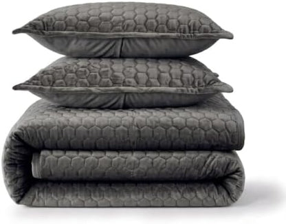 Tribeca Living Lugano Oversized Velvet Quilt Set - All Season, Extra Large, 3 Piece King Size Comforter Set with 2 Pillow Shams in Smoke Grey Honeycomb Pattern 260GSM
