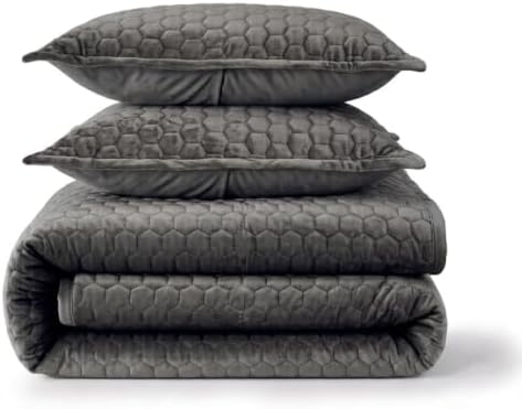 Tribeca Living Lugano Oversized Velvet Quilt Set - All Season, Extra Large, 3 Piece Queen Size Comforter Set with 2 Pillow Shams in Smoke Grey Honeycomb Pattern 260GSM