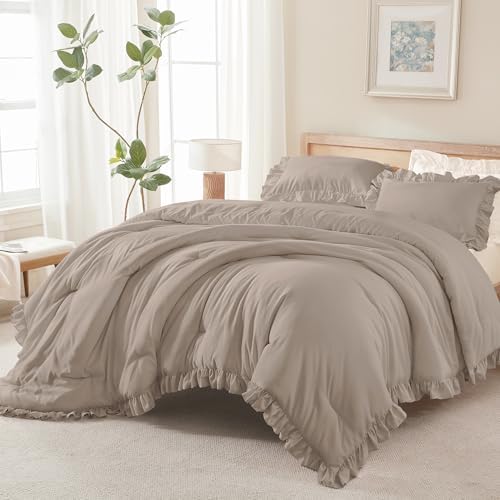 Andency Light Brown Comforter Set Full Size, 3 Pcs Solid Ruffle Bedding