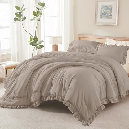 Andency Light Brown Comforter Set Full Size, 3 Pcs Solid Ruffle Bedding