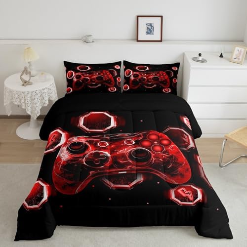 Feelyou Kids Red Gamer Comforter Set Toddler Size, Game Console Bedding Set Space Universe Gaming Comforter Boys Girls Gamepad Teens Duvet Set Bedroom Decor 2Pcs