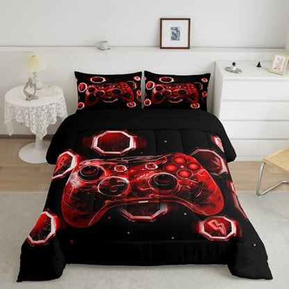 Feelyou Kids Red Gamer Comforter Set Toddler Size, Game Console Bedding Set Space Universe Gaming Comforter Boys Girls Gamepad Teens Duvet Set Bedroom Decor 2Pcs