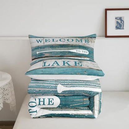 Lake House Comforter Set King Size, Rustic Cabin Farmhouse Style Bedding Set 3pcs, Blue Grey Wooden Plank Down Comforter for Women Adults Room Decor, Country Lake Life Luxury Bed Set for All Season