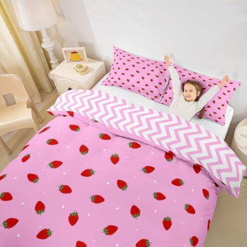 Erosebridal Kawaii Strawberry Comforter Cover Set, Girls Women Kids Room Decor, Pink Strawberry Decor Bedding, Soft Reversible Stripe Print, Queen Size