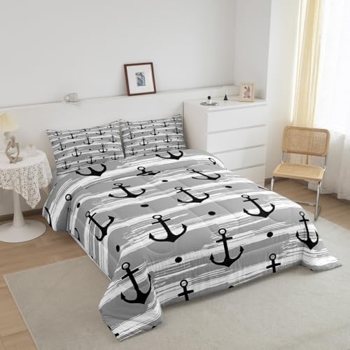 Manfei Anchor Comforter Set Full Size, Nautical Theme Bedding Set 3pcs for Kids Boys Teens Adults Bedroom Decor, Rustic Farmhouse Grey Down Comforter Soft Polyester Quilt Set with 2 Pillowcases
