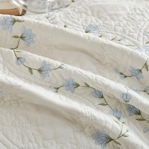 MarCielo 3pcs Cotton Quilt Set Beige Soft Blue Floral