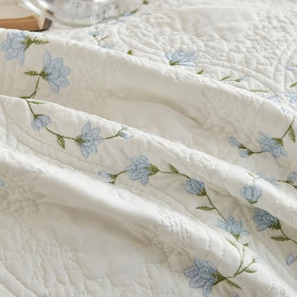 MarCielo 3pcs Cotton Quilt Set Beige Soft Blue Floral