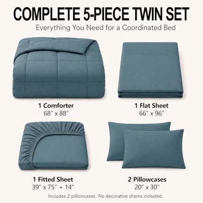 CozyLux Twin Comforter Set Mineral Blue - 5 Pieces Bed in a Bag