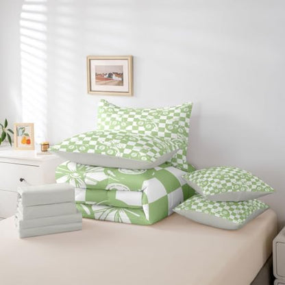Erosebridal Fashion Y2K Bow 7 Piece Bedding Set King Size for Kids Boys Girls,Trendy Lucky 8 Ball Bowknot Comforter Set Cute Green Cherry Ball Bed in A Bag with Sheets Preppy Aesthetic Plaid Bed Set