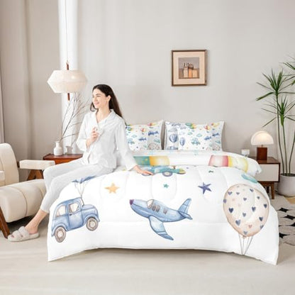 Erosebridal Colorful Hot Air Balloon Queen 7 Pcs Bedding Set, Cute Airplane Aircraft Comforter Set with Sheets for Boys Kids Adults Girls, Cartoon Car Lovely Heart Bed in A Bag, Star Print Bed Sets