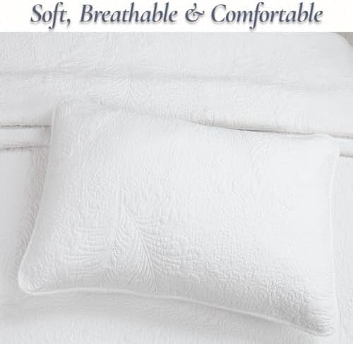 Cozy Line Home Fashions White Cotton Quilt Set Queen – 3-Piece Quilted Botanical Stitch Bedspread with Shams, Elegant All Season Bedding