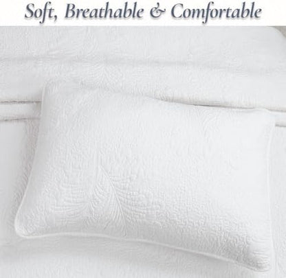 Cozy Line Home Fashions White Cotton Quilt Set Queen – 3-Piece Quilted Botanical Stitch Bedspread with Shams, Elegant All Season Bedding